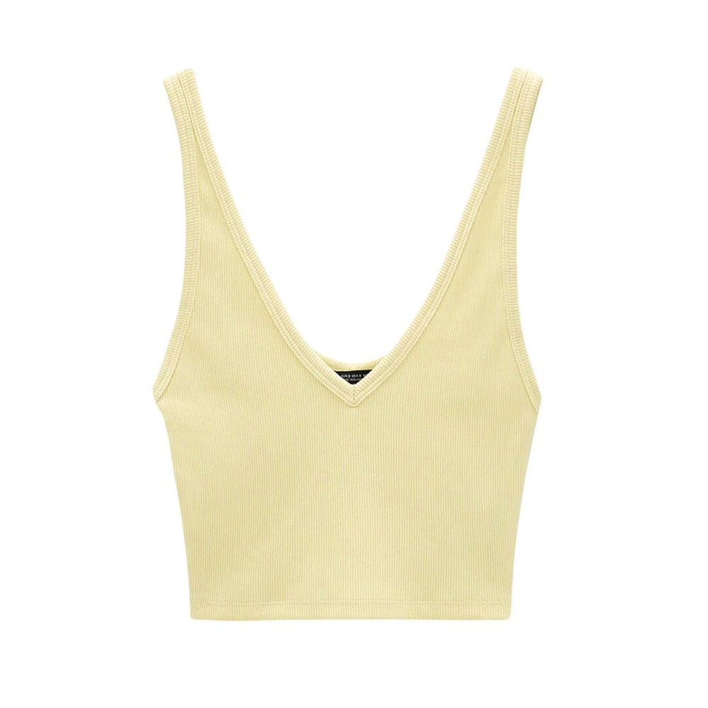 Zara Cream Ribbed V-Neck Top